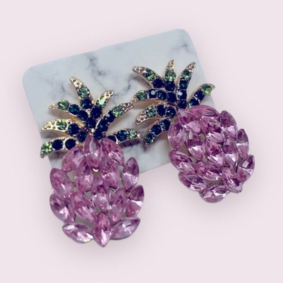 Pink Crystal Gem Pinaepple Studs Post Earrings - Picture 2 of 7
